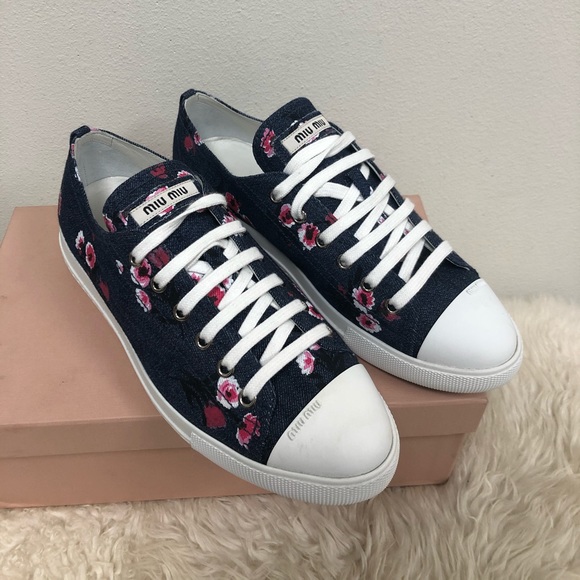 Miu Miu Floral Denim lace up sneakers trainers 39 - Picture 3 of 8